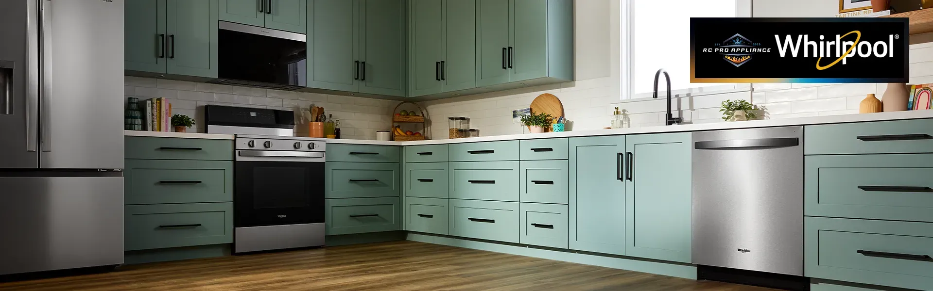 Whirlpool Promo Banner with angled Kitchen Background Image