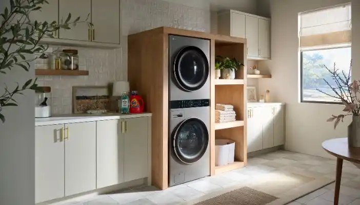 A laundry center in a well-lit modern laundry room with natural wood accents.