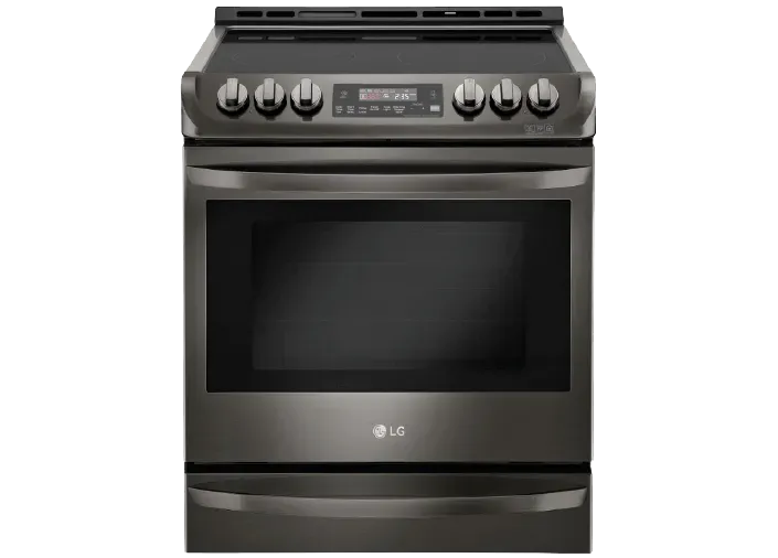 Black LG kitchen appliance package including refrigerator, microwave, dishwasher and stove