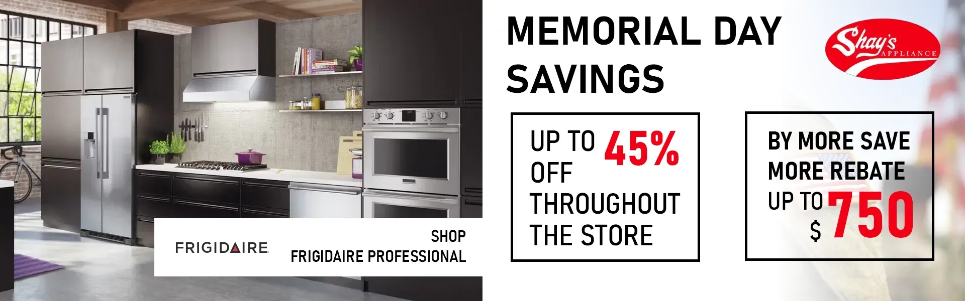 Memorial Day Savings Promotion featuring 45% off select products and a buy more save more rebate.