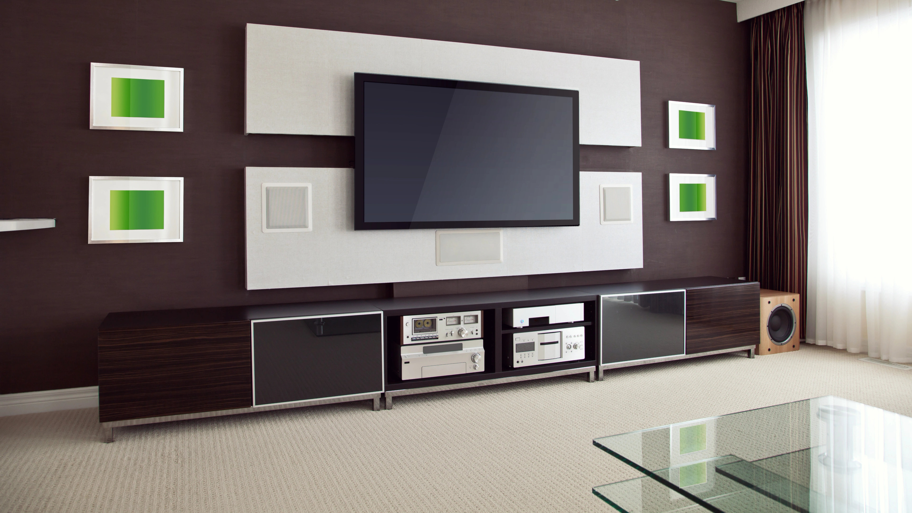 Large screen TV in a modern living room home theater setup
