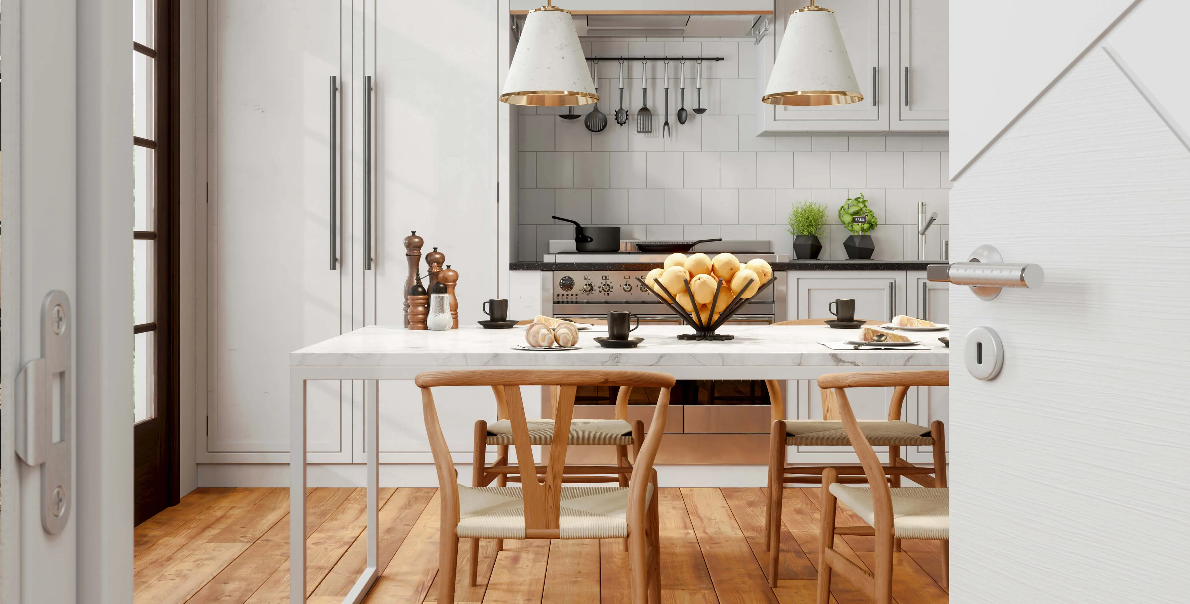 Bright modern kitchen featuring major home appliances