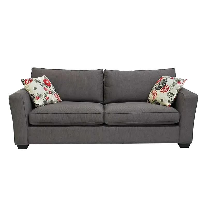 Gray loveseat with floral pillows