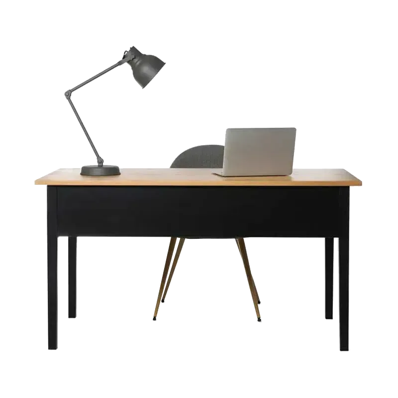 Dark wooden desk with light wood top with lamp and laptop