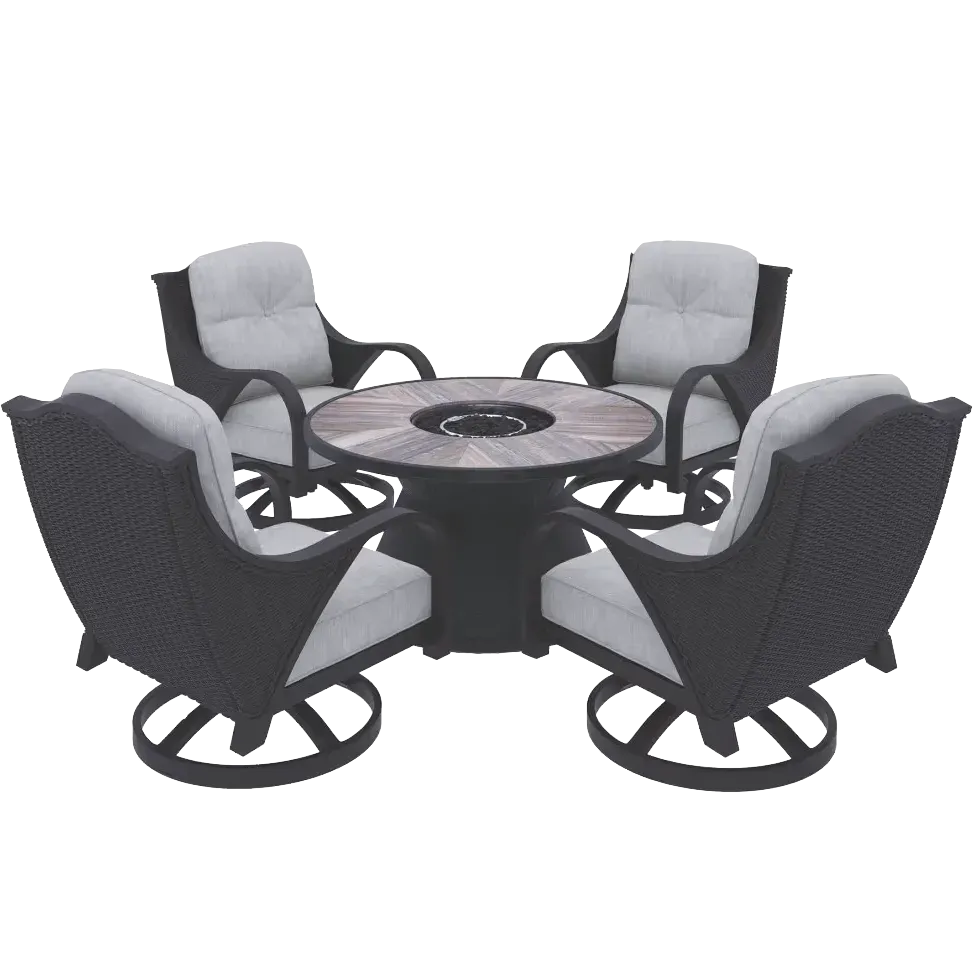 Gray outdoor set around propane firepit