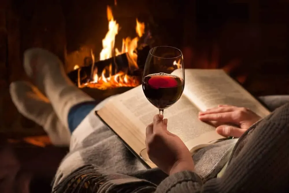 Close-up-of-woman-reading-drinking-wine-by-fireplace