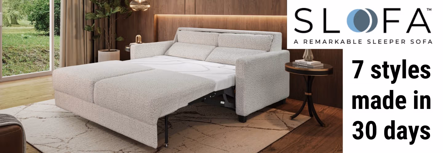 SOFA sleeper sofa convertible opened as a bed in a modern living room, promotion for 7 styles made in 30 days