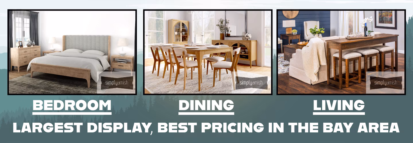 Furniture showroom categories displaying bedroom, dining and living room collections with large selection and best pricing in the Bay Area