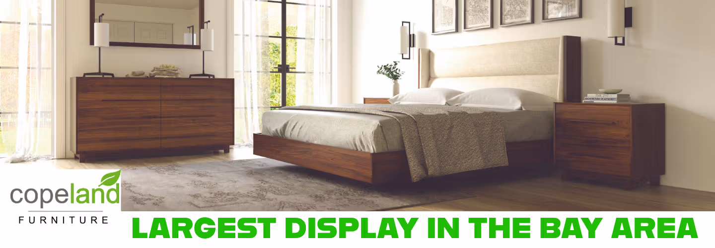 Copeland Furniture bedroom set featuring wooden bed and dresser, largest display in the Bay Area