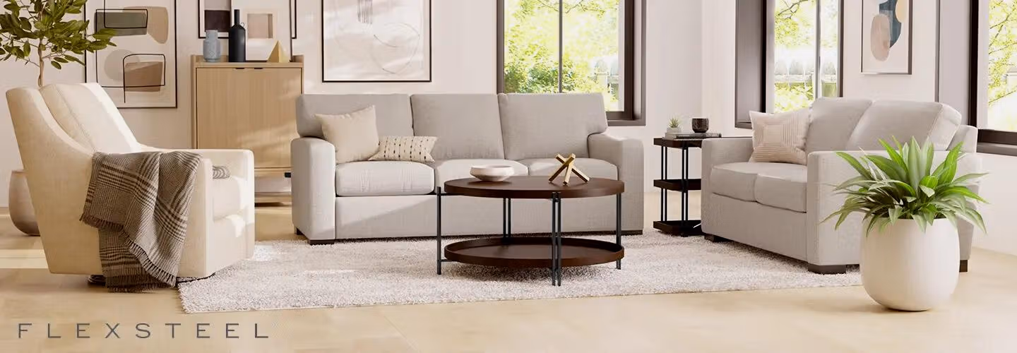Flexsteel living room furniture set with sofa, loveseat and armchair in a bright modern interior