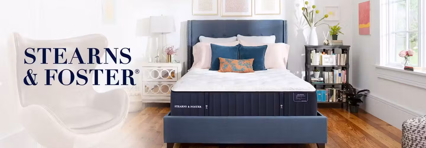 Stearns and Foster mattress displayed in a stylish bedroom with upholstered bed frame