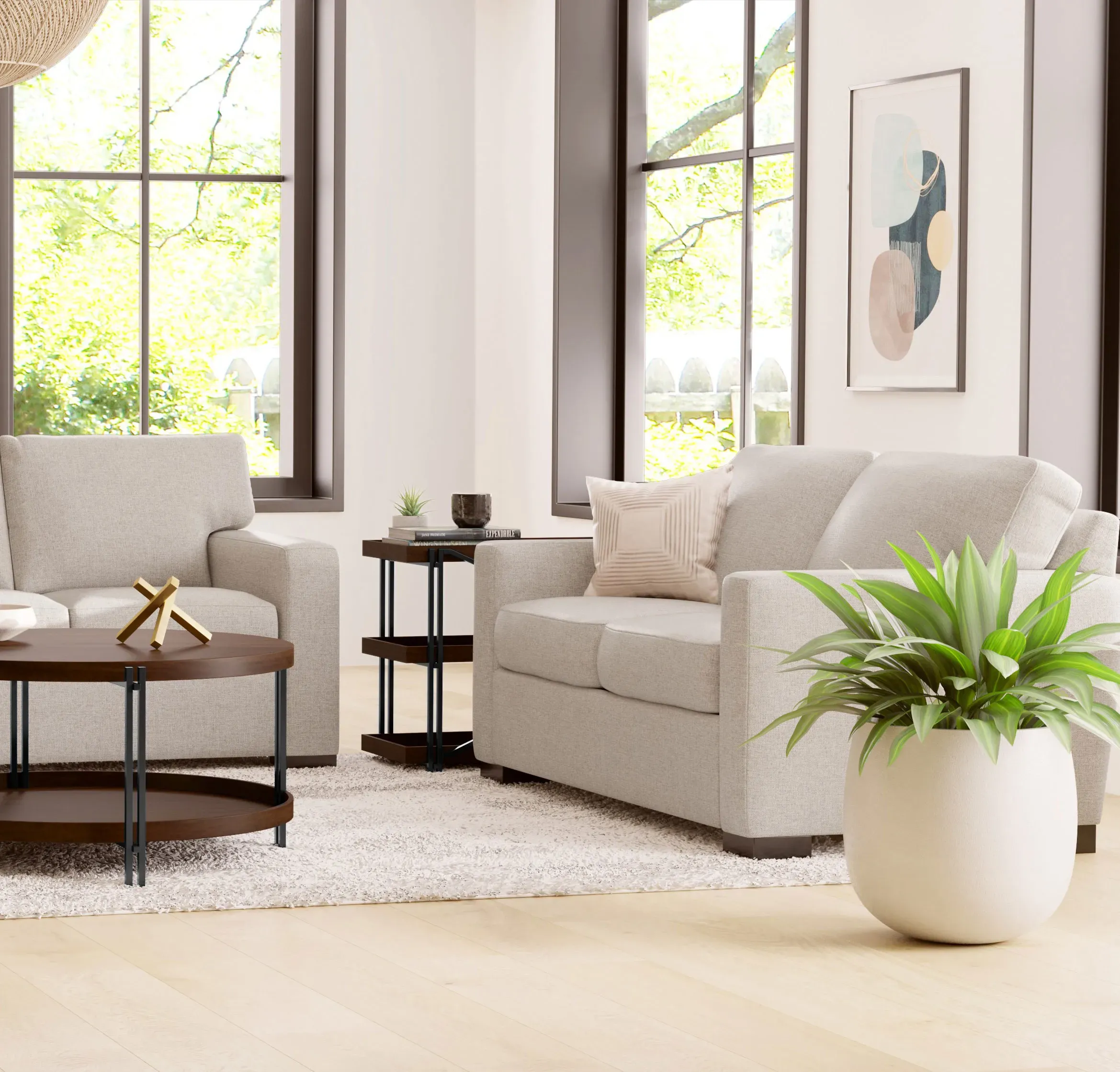 Modern living room furniture with sofa, armchair and coffee table in a bright interior