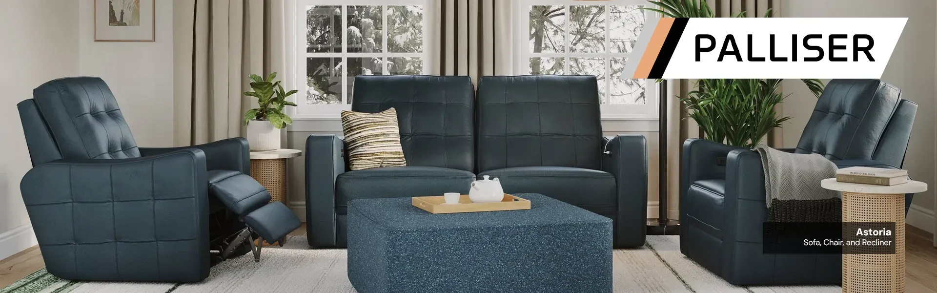 Palliser Promo Image with a living room focused on a couch, recliner, and chair