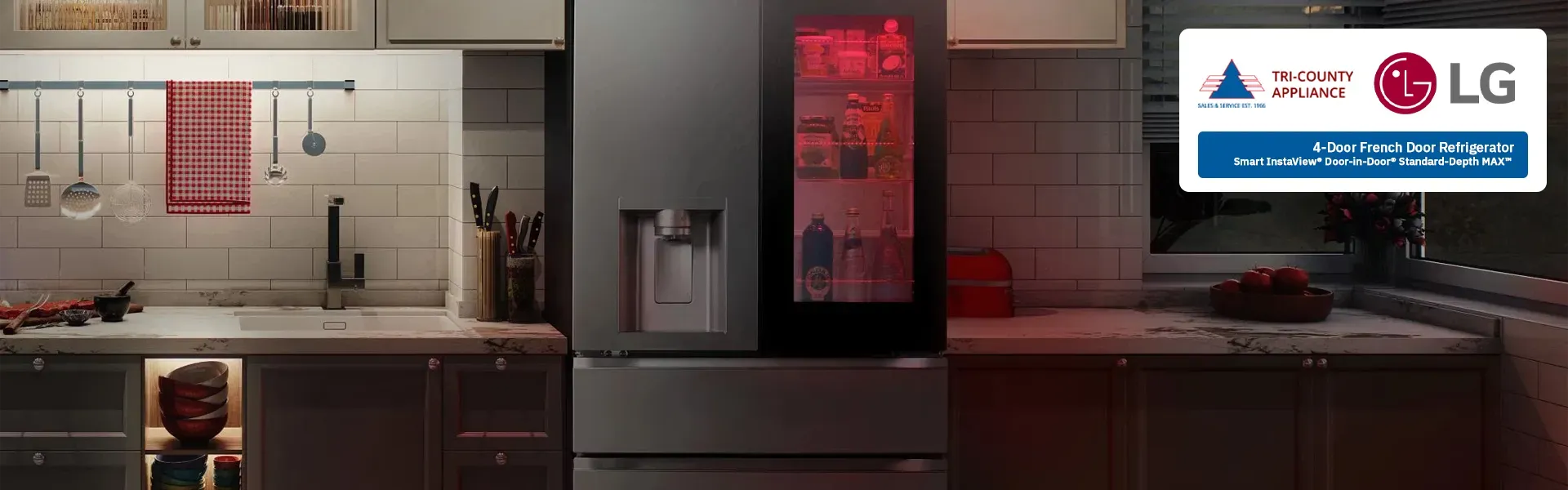 Promotional Slide for LG Appliances Featuring a 4 Door French Door Refrigerator