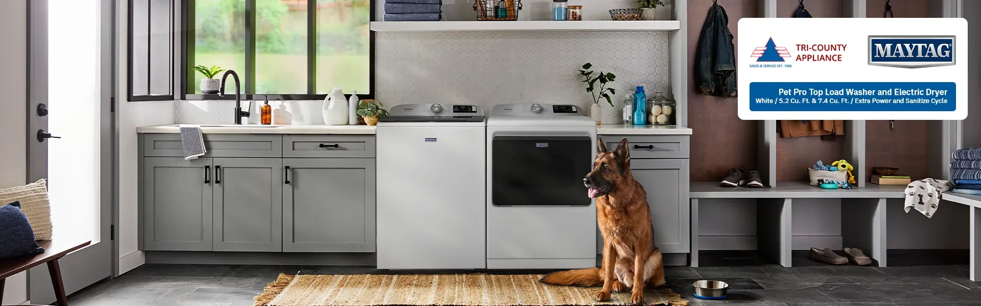 Promotional Slide for MayTag featuring Pet Pro Washer and Dryer set
